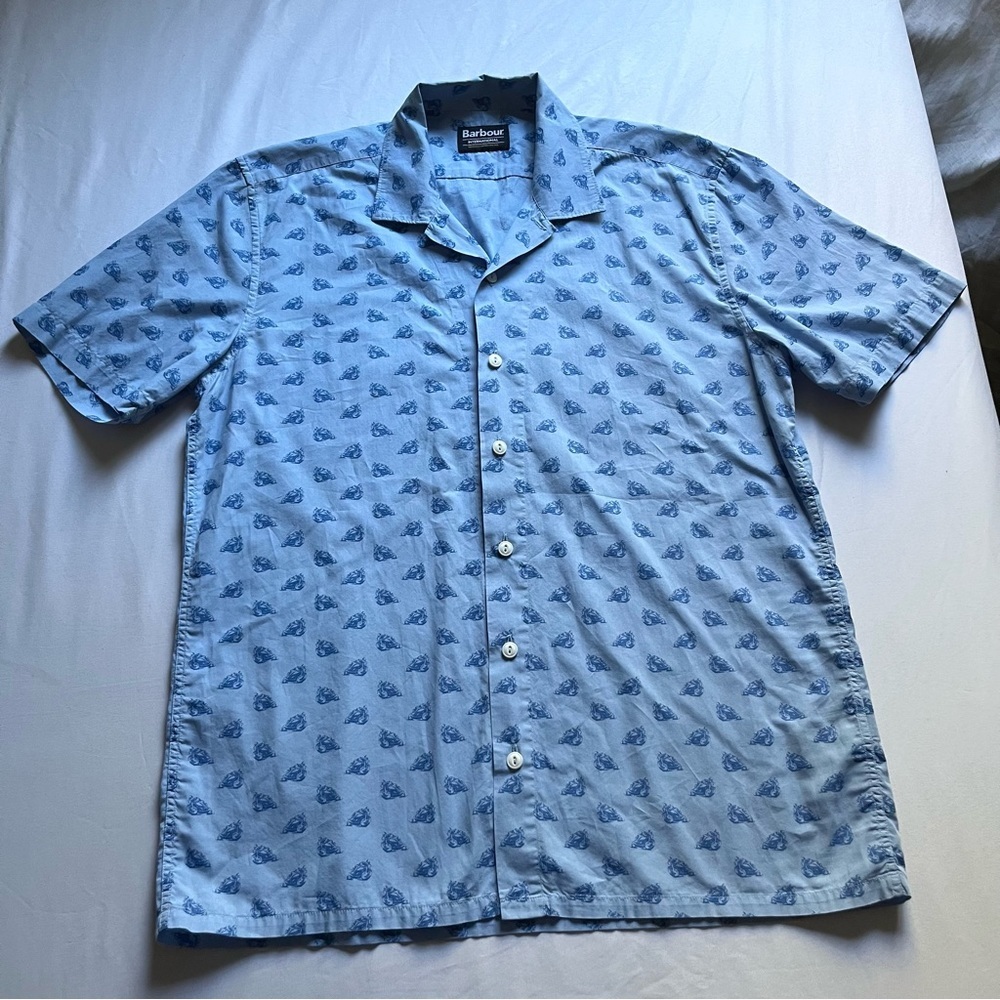BARBOUR blue motorcycle print boxy button up short sleeve shirt